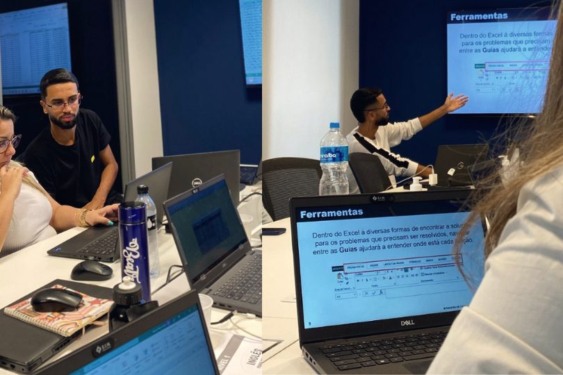 Treinamento in-company: instrutor da Salt apresenta na TV enquanto a turma acompanha nos notebooks